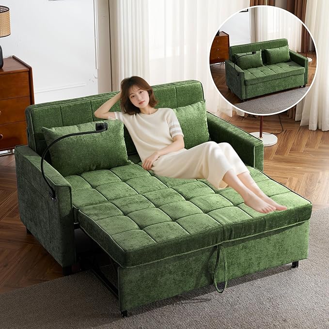 3 in 1 Convertible Sleeper Sofa Bed with Pull-out Bed 61 Chenille Chaise Lounge with 3-level Adjustable Backrest Tufted Loveseat with Phone Holder &amp 2 Soft Pillows for Living Room Apartment Gr