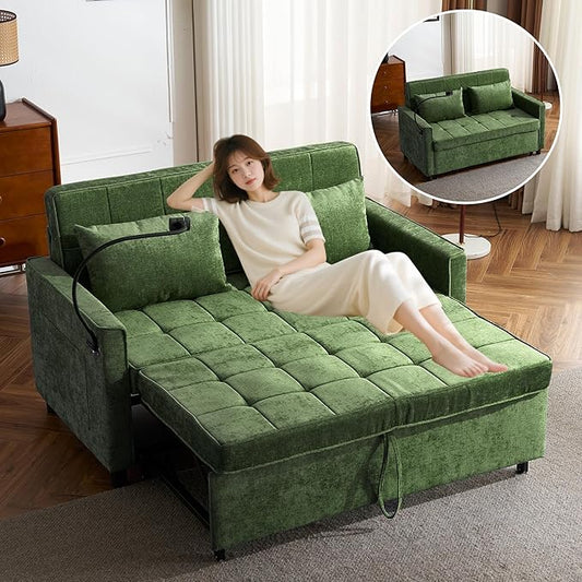 3 in 1 Convertible Sleeper Sofa Bed with Pull-out Bed 61 Chenille Chaise Lounge with 3-level Adjustable Backrest Tufted Loveseat with Phone Holder &amp 2 Soft Pillows for Living Room Apartment Gr