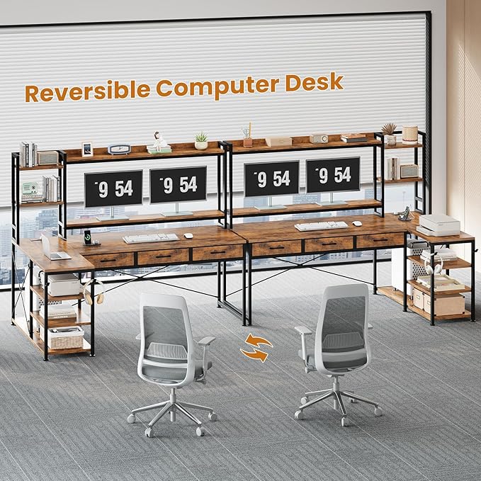 SEDETA 55 L Shaped Desk with Hutch Corner Computer Desk with Drawers &amp Shelves Reversible L Shaped Gaming Desk with Power Strip &amp LED Lights Monitor Stand Headphone Hook Rustic Brown