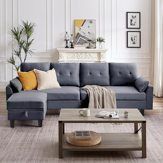 Convertible Sectional Sofa Couch 102 L Shaped Couch with Storage Ottoman and Side Pocket Modern Polyester 4-Seat Reversible Sofa Set for Living Room Light Grey