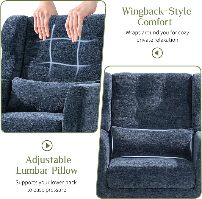 cinkehome Accent Arm Chairs for Living Room Chenille Upholstered Mordern Armchair Comfy Soft Padded Lounge Chair in Small Spaces Bedroom Pillow Solid Wood Leg Blue