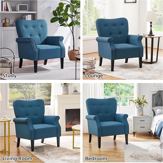 Yaheetech Modern Armchair Mid Century Accent Chair with Sturdy Wood Legs and High Back for Small Space Upholstered Fabric Sofa Club Chair for Living Room/Bedroom/Office Set of 2 Navy Blue