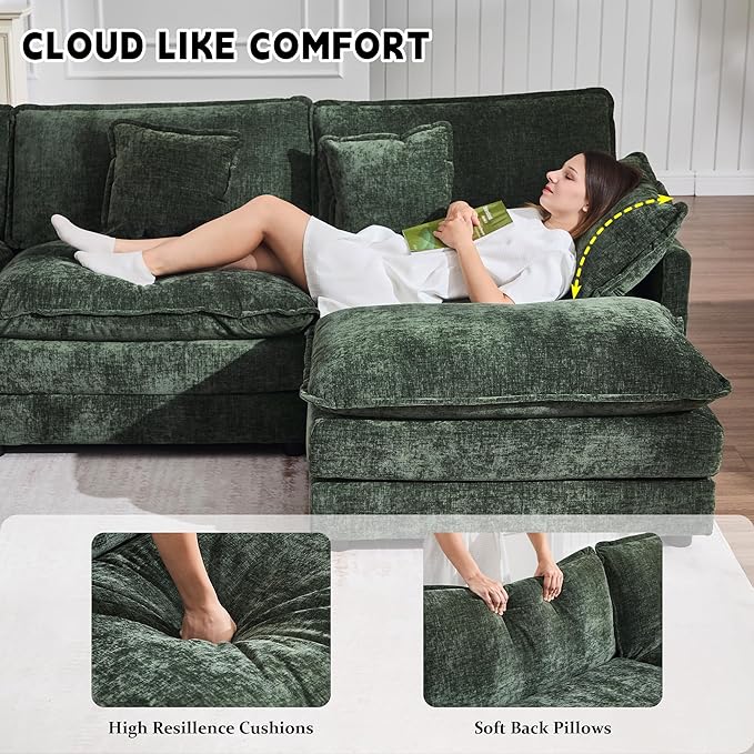GNIXUU 76.7 Green L Shaped Cloud Couch Modern Chenille Modular 2 Seater Loveseat Sofa with Movable Ottoman Deep Seat Sectional Couch with Pillows for Small Place Living Room Apartment Office
