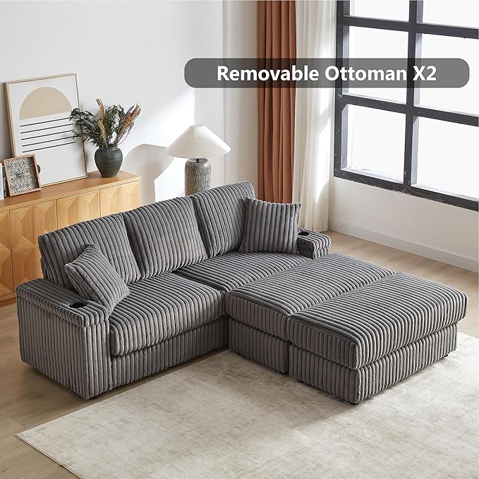 Aoowow 84 Corduroy Oversized 3-Seater Sofa with 2 Ottomans Modular Sectional Deep Seat Sofa with Back and Toss Pillows Modern Comfy Sofa with 2 Storage Spaces and Cup Grooves for Living Room Grey