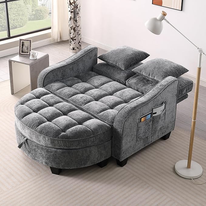 Modern Double Sofa Chaise Longue with Irregular Armrests and Backrests Footrest with Storage Space Sofa Bed for Living Room Bedroom Office (Grey/D1)