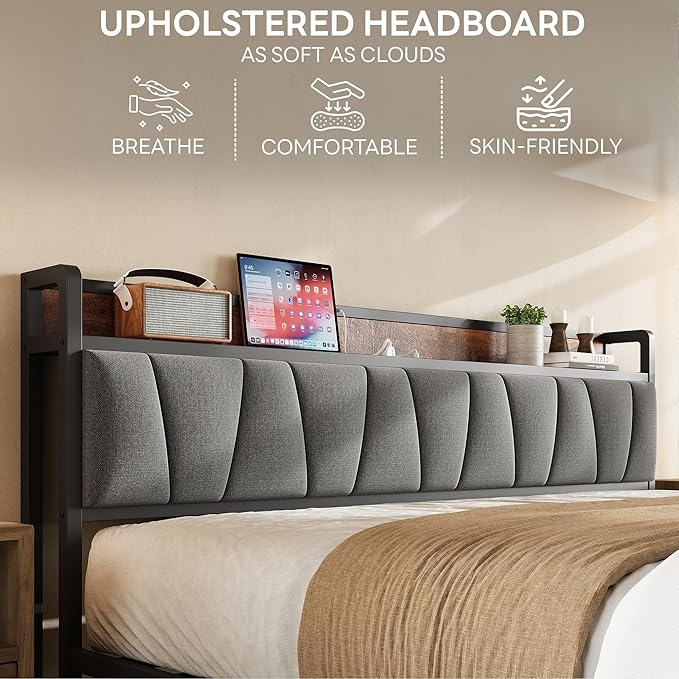 LIKIMIO King Size Bed Frame Storage Headboard with Charging Station Solid and Stable Noise Free No Box Spring Needed Easy Assembly