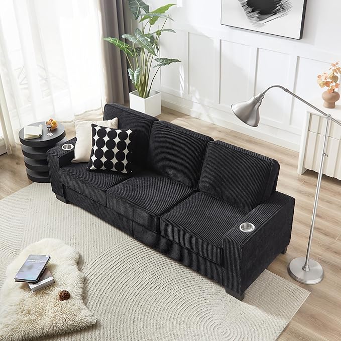 Modern Black Fabric Sofa Compressed 3-Seater Couch for Living Room Bedroom Office Versatile Furniture