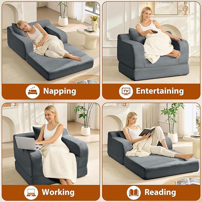 wanan 40 W Folding Sofa Bed 2-in-1 Convertible Bed Sofa to Boneless Sleeper Chair for Adult Comfy Armchair with Back Support Armrests and Pillow for Living Room Bedroom Single Dark Gray | Easy-