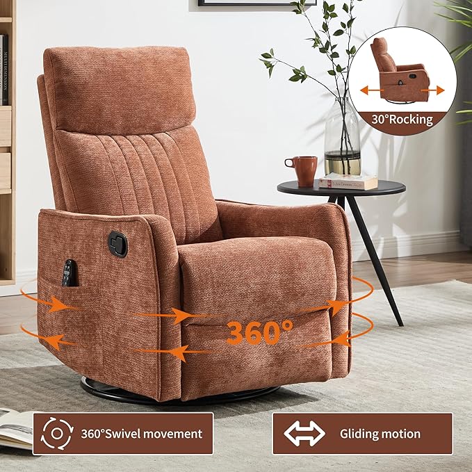 360°Rotating Heated Massage Chair with 8 Vibrating nodesComfortable Rocking Chaise Lounge with Black Metal Base Single Sofa for Living RoomBedroomOfficeOrange Chenille