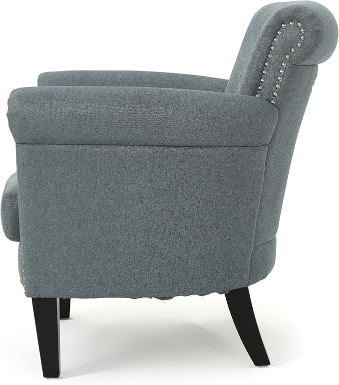 Christopher Knight Home Brice Vintage Scroll Arm Studded Fabric Club Chair Steel Blue / Dark Brown