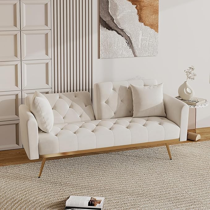 Modern Velvet 2 in 1 Futon Sofa BedConvertible Folding Sleeper Bed Couches with 2 Pillows73 Tufted Recliner Love Seat with Golden Chrome Legs for Living Room Apartment Office (Beige-New)