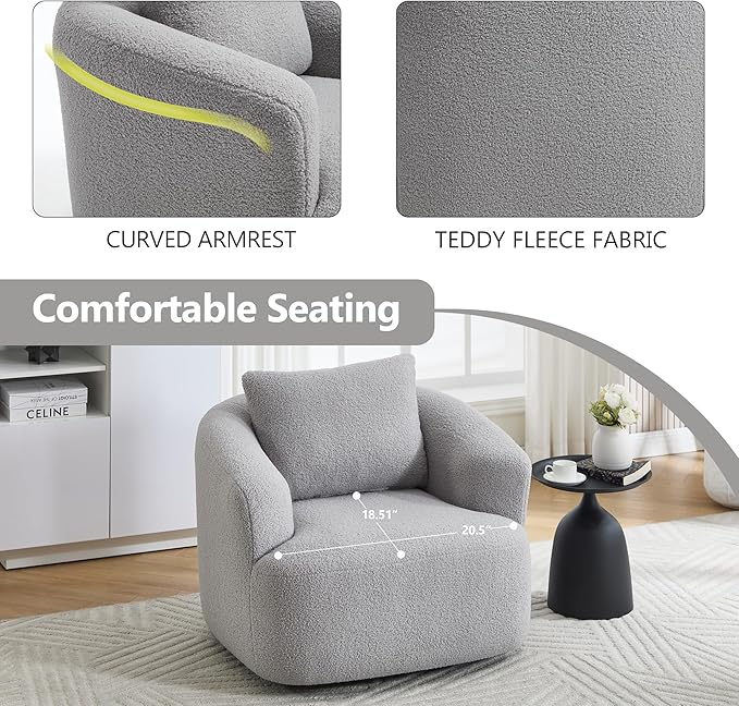 PELUMY Swivel Accent Chair Modern Round Barrel Chair Soft Teddy Fleece Fabric Swivel Chair for Living Room 360 Rotating Small Space Comfort Reading Chair No Tools Assembly (Light Grey)