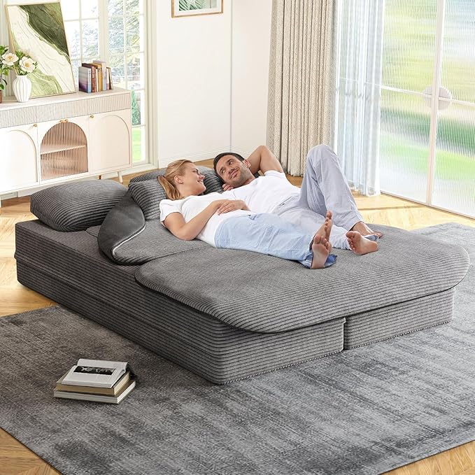 Antetek Convertible Sleeper Sofa Modern Folding Futon Corduroy Floor Foam Compression Loveseat Sofa Bed Couch Foldable Full Size Guest Bed with 4 Pillows for Living Room Bedroom Apartment Grey