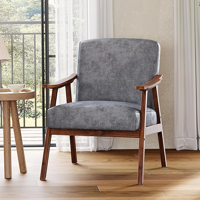 Mid Century Accent Chair Boho Farmhouse Accent Chairs for Living Room Retro Single Lounge Reading Armchair with Solid Wood Frame (Polyester Fabric in Grey)