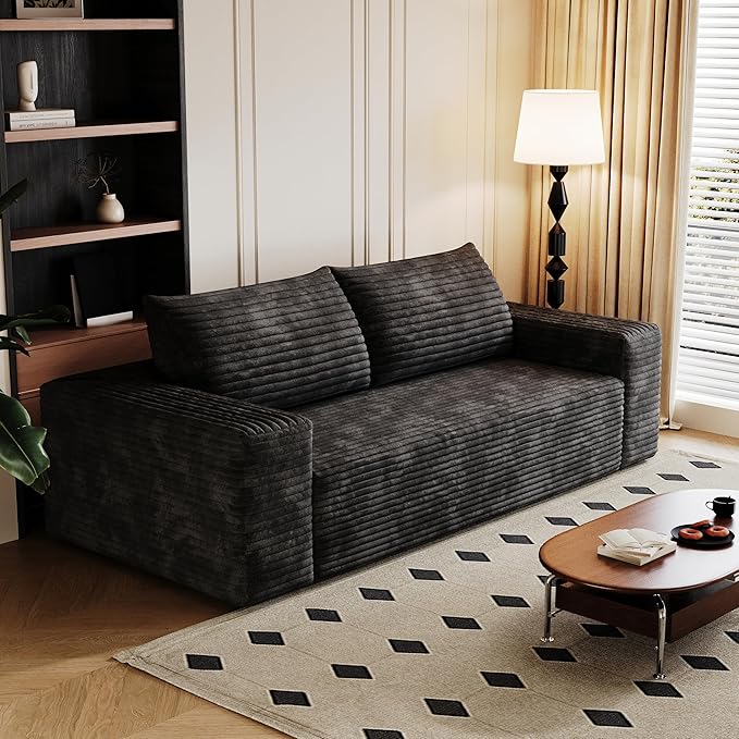 KEIKI 71 Corduroy Loveseat Sofa Deep Seat 3-Seater Couch with Adjustable Arms Comfy Cushions Modern Upholstered Love Seat for Small Spaces No Assembly Required Black