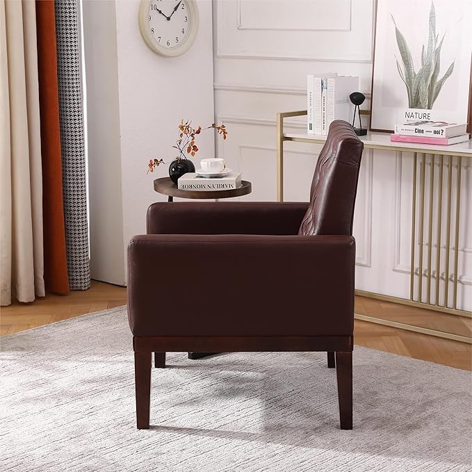PU Leather Accent Chair Upholstered Lounge Sofa Armchair Comfortable Armchair with Wooden Legs in Log Color Modern Button Reading Chair for Bedroom Living Room Dark Brown