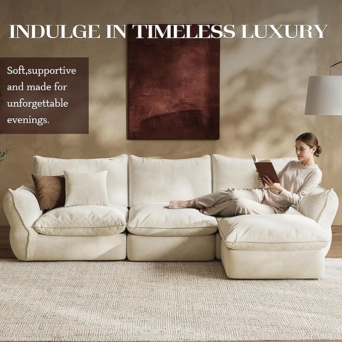 106'' Down Blend L-Shaped Sectional Sofa Deep Seat Feather-Filled Cushions Oversized Cloud Couch with Sink-in Comfort Modern Living Room Sofa – Ivory White