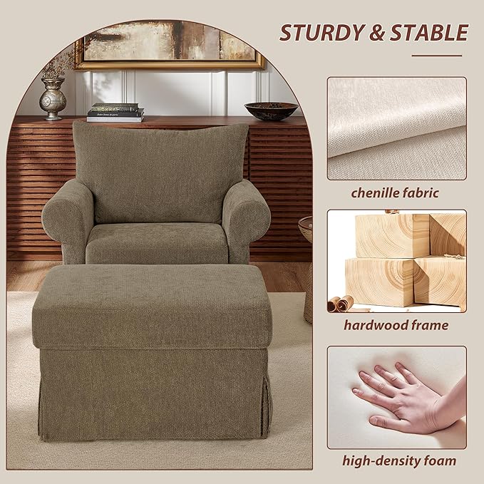 Modern Accent Chairs with Ottoman Set Comfy Chenille Reading Armchair with Rolled Arms and Cushion Backrest 35.8 W Chaise Lounge Chair for Living Room Bedroom Study Apartment Brown