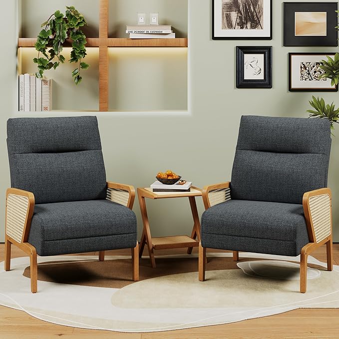 Alunaune Upholstered Living Room Chairs Accent Chair Armchair Natural Rattan Modern Slipper Club Chair Guest Reception Couch Comfy Single Sofa for Reading Bedroom-Dark Grey