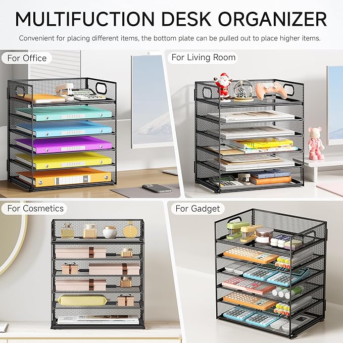 6 Tray Paper Organizer Letter Tray with Handle - Mesh Desk File Organizer Paper Sorter Organizer for Office Home or School File Folder Holder -Black