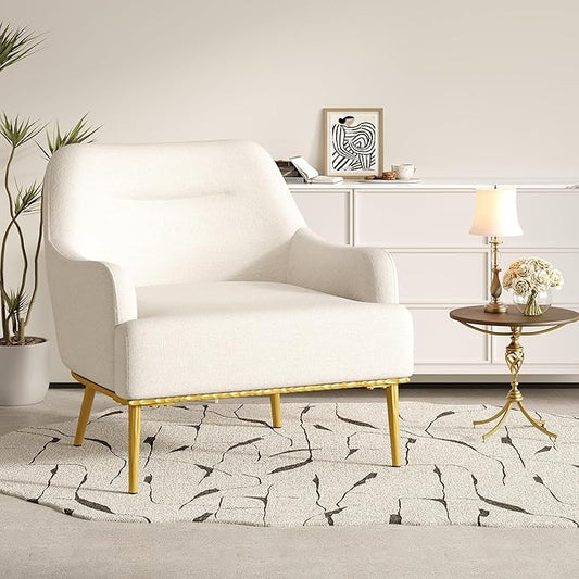 Modern Accent Chair with Curved Backrest Chenille Fabric Upholstered Armchair with Gold Metal Legs Single Sofa Chair for Living Room Reading Corner (Beige14)