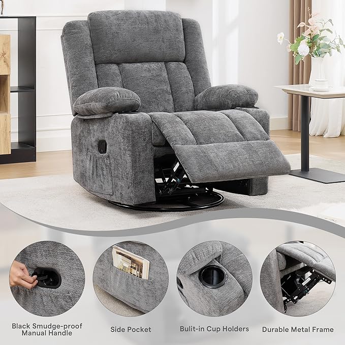 Swivel Rocker Recliner for Adults Manual Lazy Boy Recliner Chair with Cup Holders 360 Degree Rotating Nursery Rocking Chair Glider Recliner for Living Room (Grey)