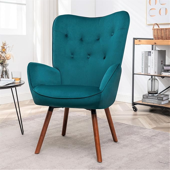 Chic Accent Arm Chairs for Living Room Bedroom or Home Office Button-Tufted Midcentury Armchair with Wingback Design and Splayed Legs Greynish Blue