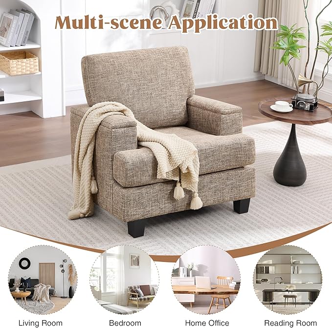 Accent Chairs Set of 2 with Armrest Storage Modern Upholstered Reading Living Room Chairs Comfy Large Armchairs Fabric Single Sofa Chair for Bedroom (Yellowish Brown)