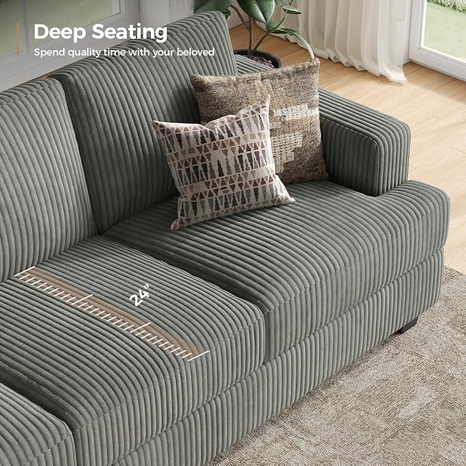89 Inch Sofa with Extra Deep Seats Oversize 3 Seater Sofa for Living Room Modern Couch and Sofa Comfy Armrests and Seats and Backrests Easy InstallationWide Corduroy Fabric Gray