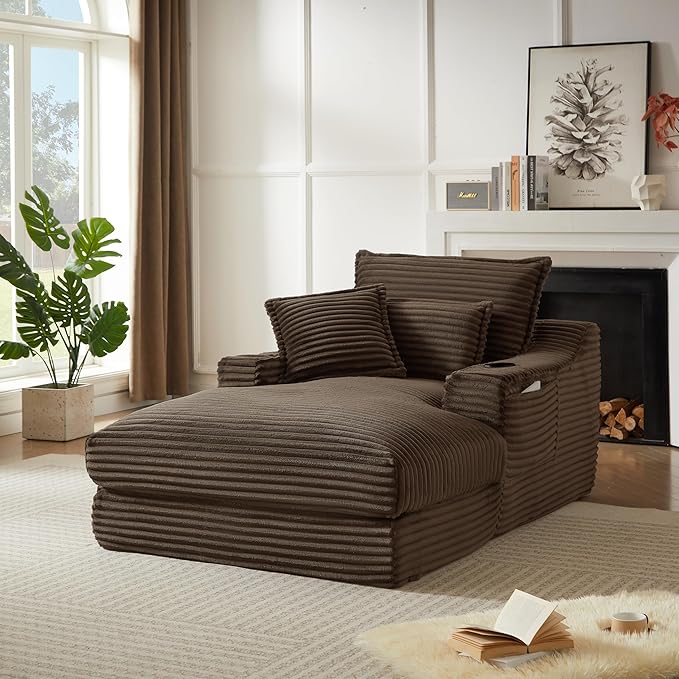 67 Chaise Lounge Chair Indoor Oversized Plush Corduroy Sleeper Sofa Chair Bed with Cup Holder Side Pockets &amp Pillows Boneless Couch for Living Room Bedroom - Brown