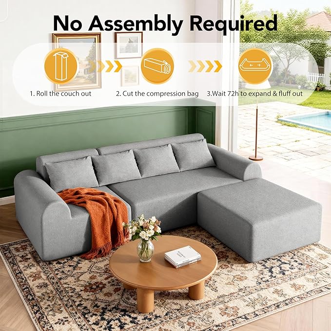 2026 New 105.5”Cloud Boneless Sectional Sofa for Living Room L-Shaped 4-Seater Modular Couch with Ottoman 4 Pillows Deep Seat Chenille Fabric Sofa No Assembly 72H Full Restore Light Grey