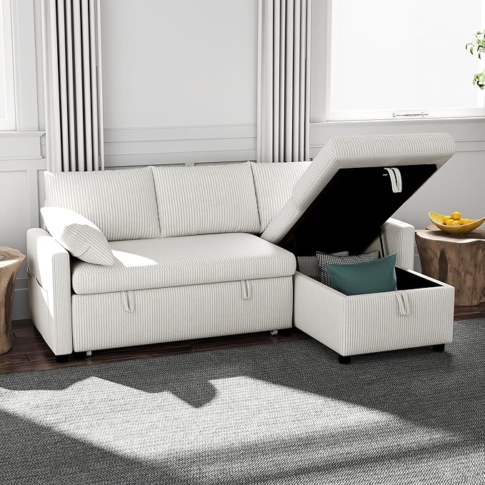 Sofa Bed 80'' L Shape Corduroy Sleeper Sofa Couch with Pullout Bed and Storage Chaise for Living Room Apartment and Sunroom Beige