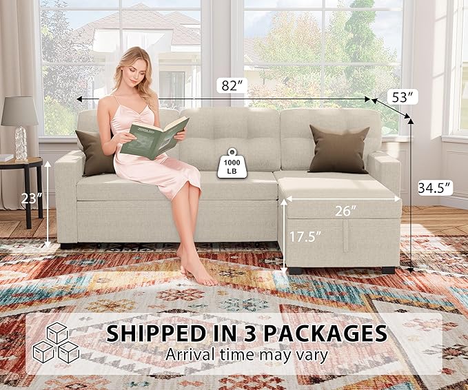 Wakefit Reversible Sectional Sofa Couch Sleeper Sofa Bed with Storage Chaise Pull Out Couch for Living Room | Hidden Stroge | Pull Out Bed | Removable Backrest | Linen Fabric Beige