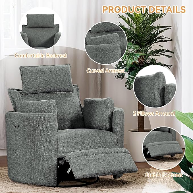 Power Swivel Rocker Recliner Glider Nursery Chair for Adults Modern Leisure Sofa Chair with 2 Pillows for Small Spaces Bedroom Living Room Beige (Light Grey)