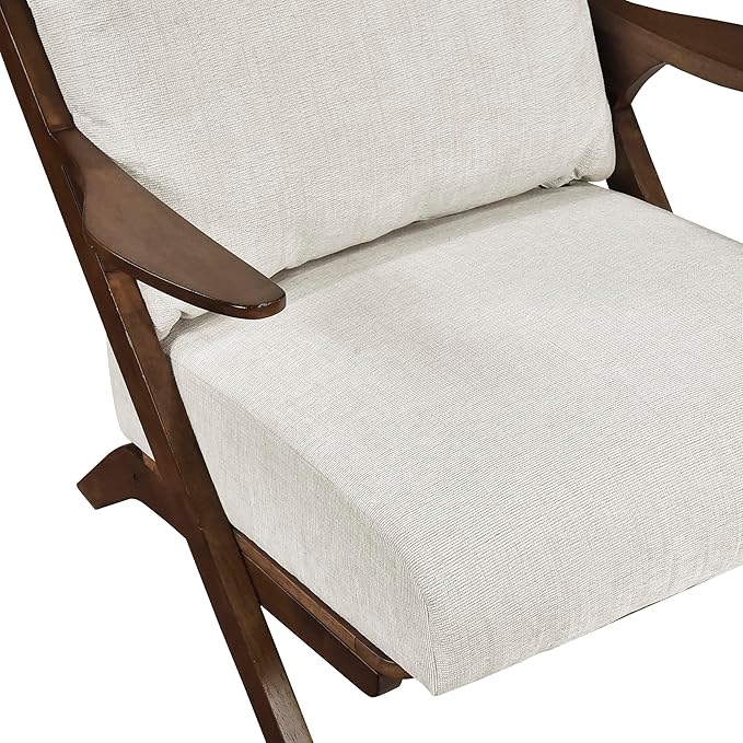 Lexicon Mid Century Modern Accent Chair Pascal Brown Solid Rubberwood Frame Reversible Back Cushion Woven Chenille Upholstered Reading Chair for Living Room/Bedroom/Office Beige