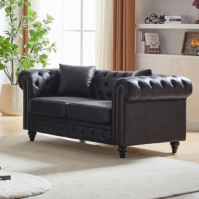 Mid Century Modern Couch 63.5 Chesterfield Sofa Tufted Loveseat w/ Nailhead Trim Rolled Arms Comfy Upholstered Deep Seating Settee Love Seat for Living Room Office (Leather Black 2 Seater)