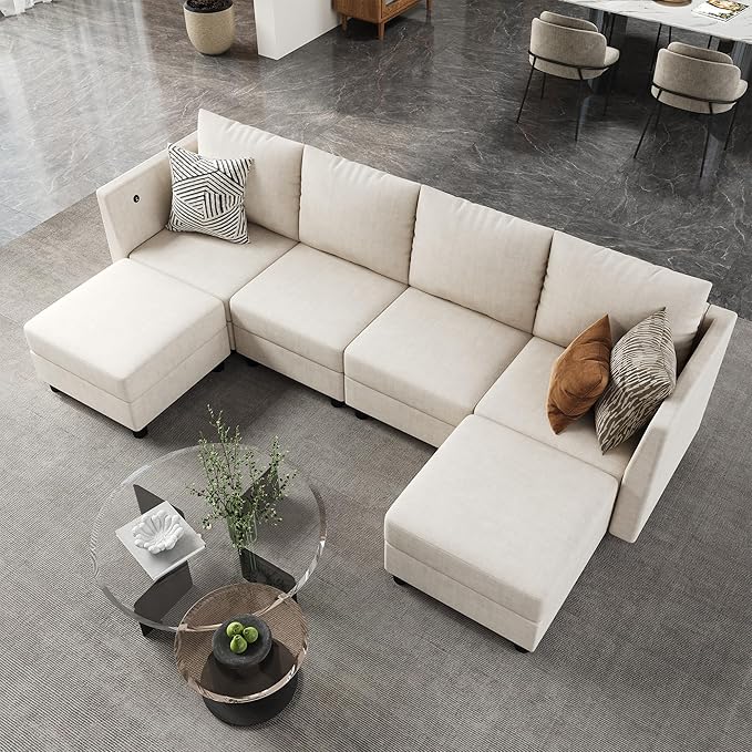 YOUDENOVA 106'' Modular Sectional Sofa 6 Seats Couch Set with Storage U Shaped Sofa with USB Charging Port Modern Comfy Chenille Couch for Living Room Beige