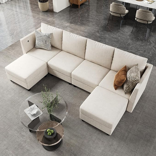 YOUDENOVA 106'' Modular Sectional Sofa 6 Seats Couch Set with Storage U Shaped Sofa with USB Charging Port Modern Comfy Chenille Couch for Living Room Beige