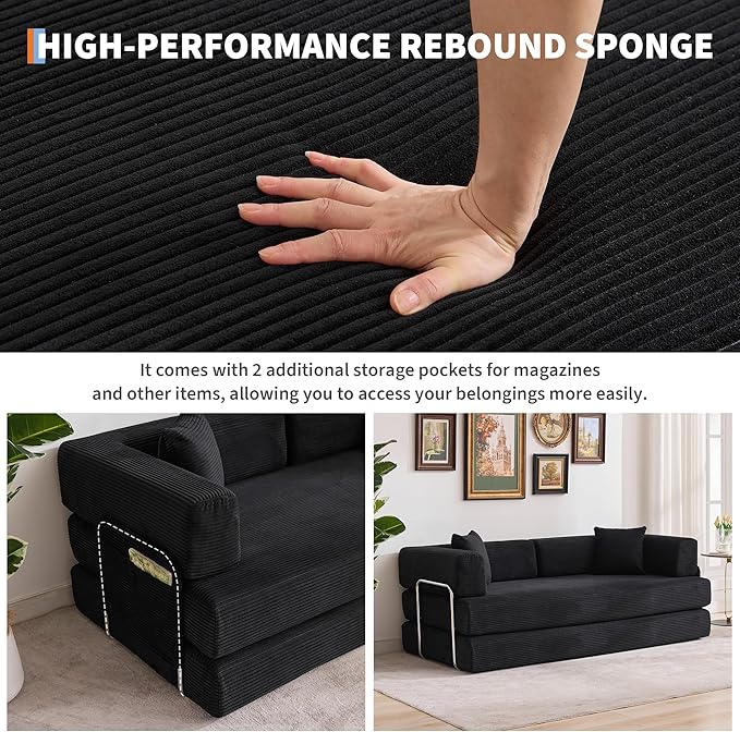 Convertible Sleeper Sofa Bed 78.8 Floor Sofa Bed 5-in-1 Folding Mattress Couch Loveseat with Fixed-Shape Frame Pillow Corduroy Fabric for Living Room Bedroom Lounge Black
