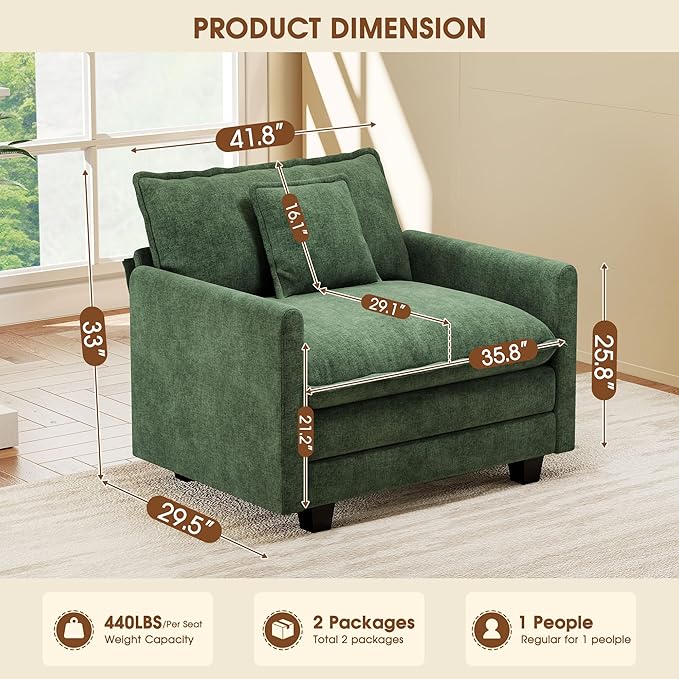 Hanherry 41.8” Oversized Accent Chair Chenille Single Sofa Chair for Living Room Modern Upholstered Reading Chair Deep Seat Comfy Armchair with Pillow for Bedroom and Apartment Green