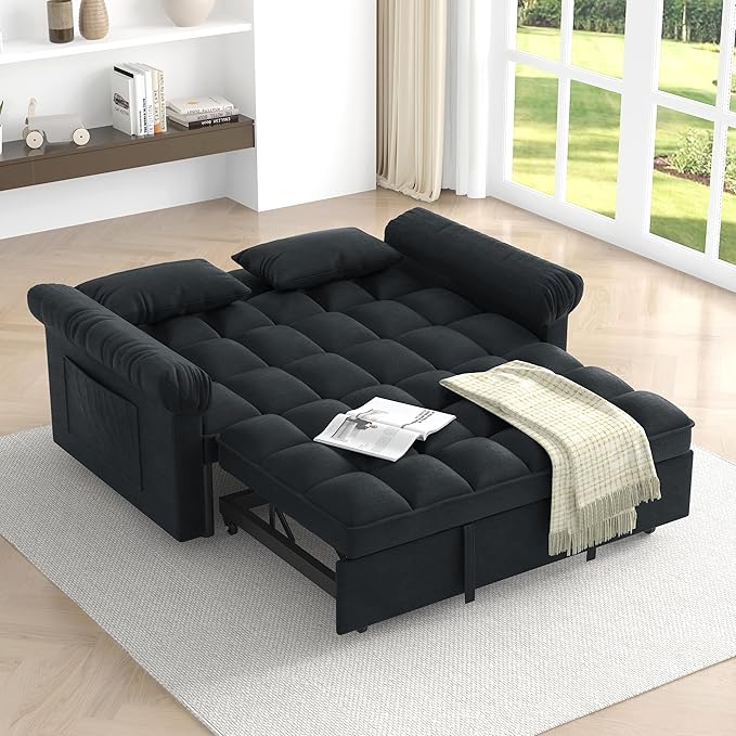 Modern Loveseat Sleeper Sofa with Pull-Out Bed &amp Adjustable Backrest Convertible Sofa Bed with Strong Wood Frame for Small Space Living Room Guest Room Easy Assembly (Black85)