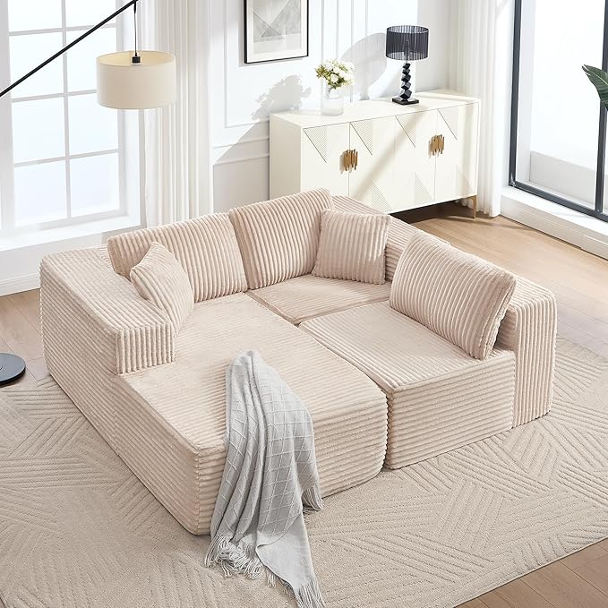 Boneless L-Shaped Modular Sectional Sofa 107 Modern Corduroy Upholstery Couch with Chaise for Living Room 3-Seater L Cloud Couches with Deep Seat No Assembly Left Facing Chaise Beige