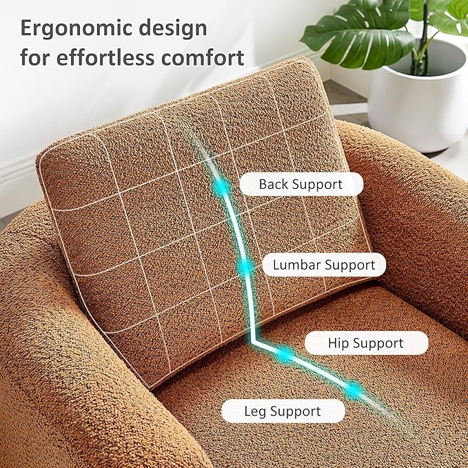 Oversized Living Room Chair Modern Comfy Boucle Accent Chairs with Throw Pillow Upholstered Armchair for Bedroom Office Waiting Room Fully Assembled (Curry)