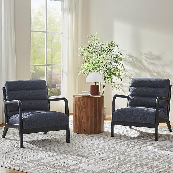 VKNOW Accent Chairs with Rubberwood Frame Accent Chairs Set of 2 Mid-Century Modern Upholstered Reading Armchair High Back Lounge Armchair Living Room Chair for Bedroom Reading Room Dark Blue