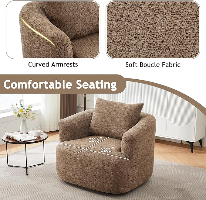 360° Swivel Chair 38.2 Accent Chair Sofa Upholstered Swivel Barrel Sofa Chair with a Throw Pillow for Living Room Bedroom Office and Hotel Dark Brown