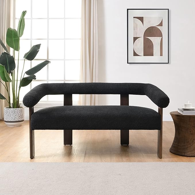 GDFStudio 53.25 Loveseat Sofa with Round Boucle Rrmrest Lightweight Upholstered Small Couch with Rubber Wood Frame Modern Couch with Deep Seat for for Living Room Bedroom Black