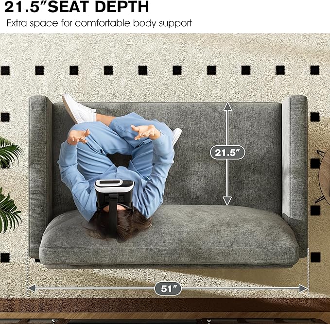 51 Loveseat Sleeper Sofa Bed Chenille Convertible Floor Sofa Bed for Small Spaces Folding Couch Bed with Deep Seat 2 Pillows &amp Solid Frame Pull Out Floor Couch for Living Room Grey