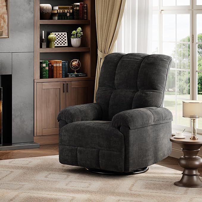 GarveeHome Recliner Chair 360° Swivel Rocker Glider Nursery Chair with Padded Armrest and Deep Seat Chenille Upholstered Reclining Sofa Chair for Living Room Bedroom and Nursery (Black)