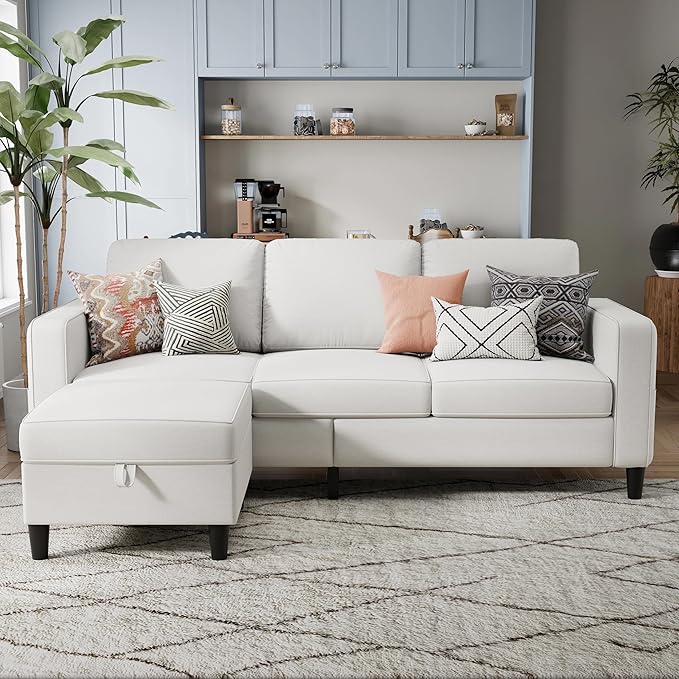 Sectional Sofa Couches for Living Room - Beige 3 Seat L-Shaped Couch with Storage Ottoman Comfy Linen Convertible Sectionals Sofas with Chaise for Apartment Office Small Space