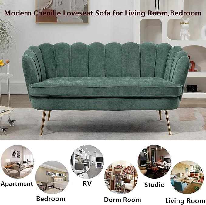 Chenille Small Sofa Couch for Small Spaces Living Room Bedroom59 Loveseat Couches with Gold Metal LegsChannel Tufted 2 Seater Sofas with Curved Back and Arms for ApartmentRV